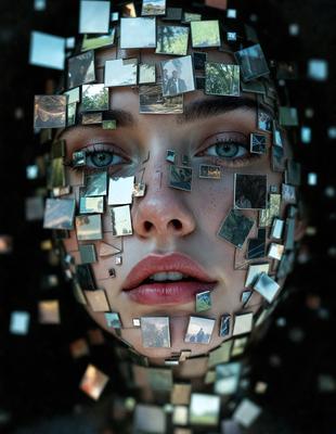The primary subject of the image is a woman with a unique and artistic appearance. She is wearing a headpiece made of multiple photographs, creating a visually striking and creative look. The setting appears to be a dark room, with the woman being the main focus of the image. The visual style is a combination of digital art and photography, as the photographs are arranged to create a cohesive and intriguing design. The colors and mood of the image are predominantly dark, with the woman'